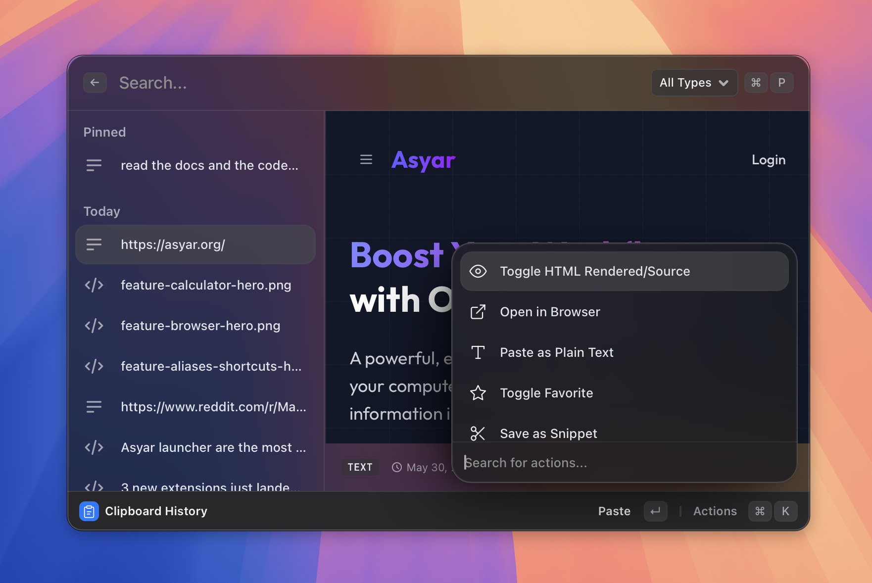 Clipboard list with type filter