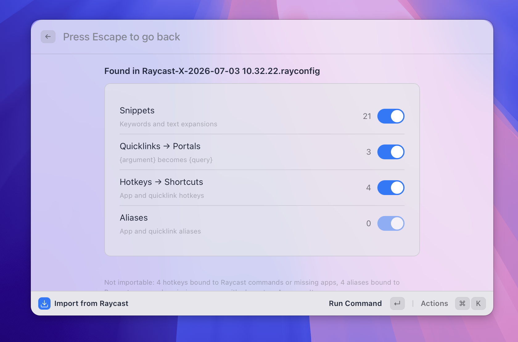 The Raycast import preview screen with category counts