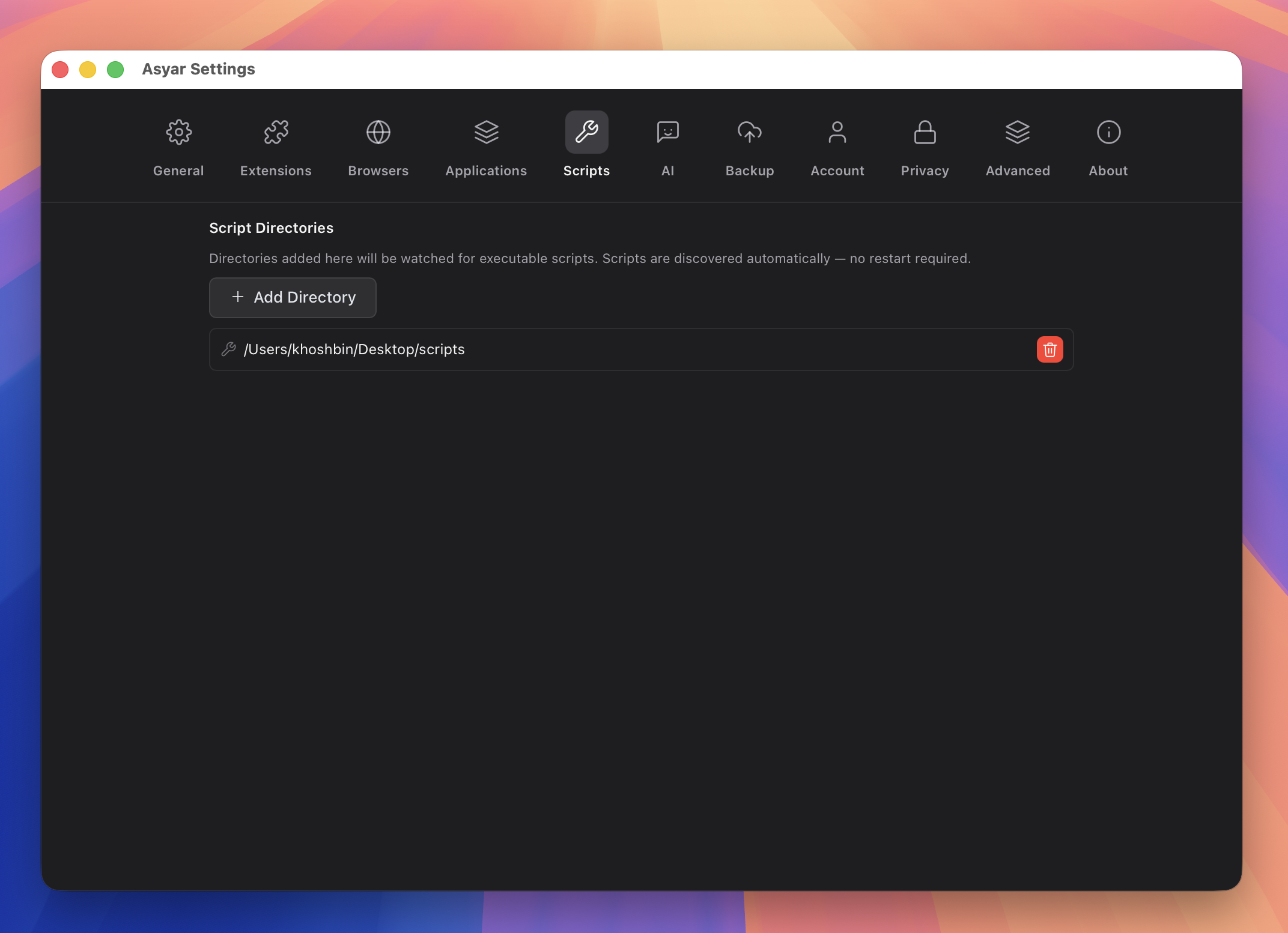 Scripts settings tab with watched folders