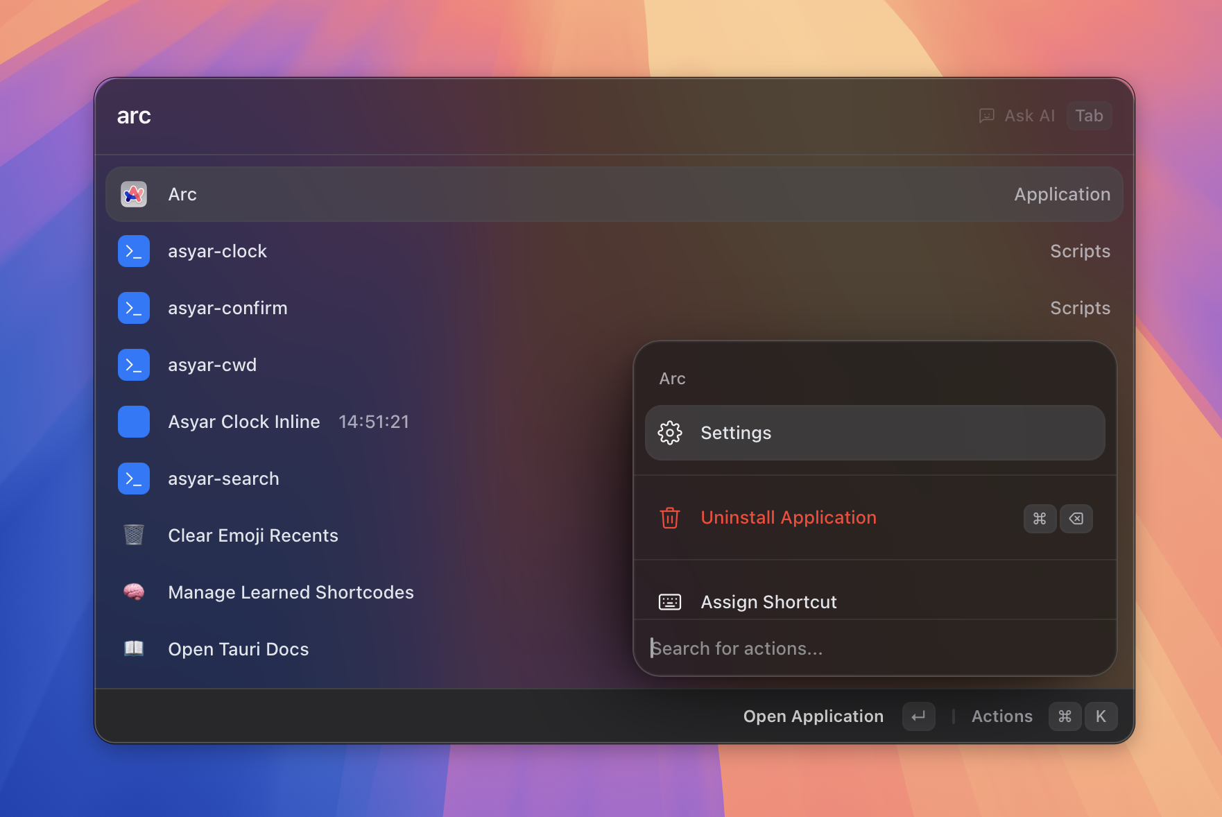The Asyar launcher open with a search query