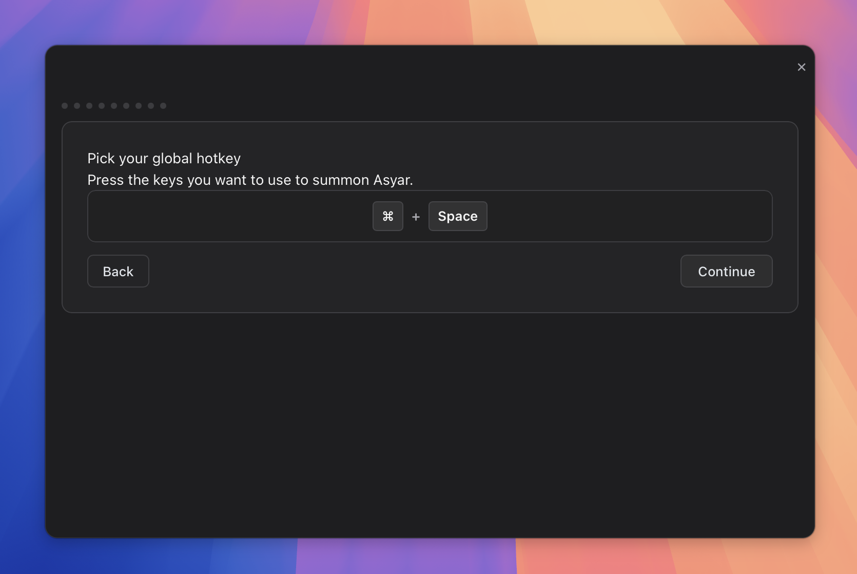 The first-run onboarding, choosing a global hotkey