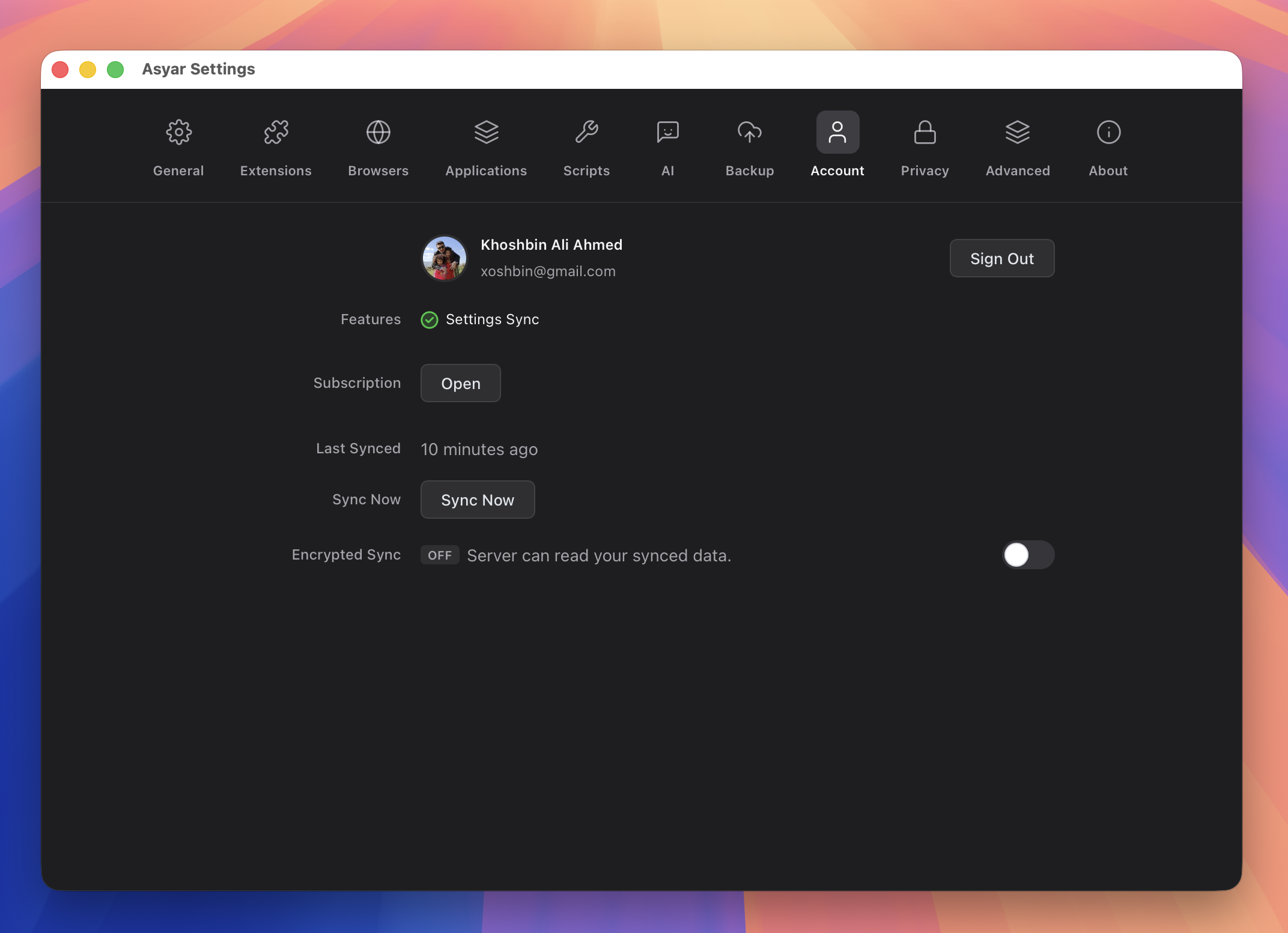 The Account settings tab